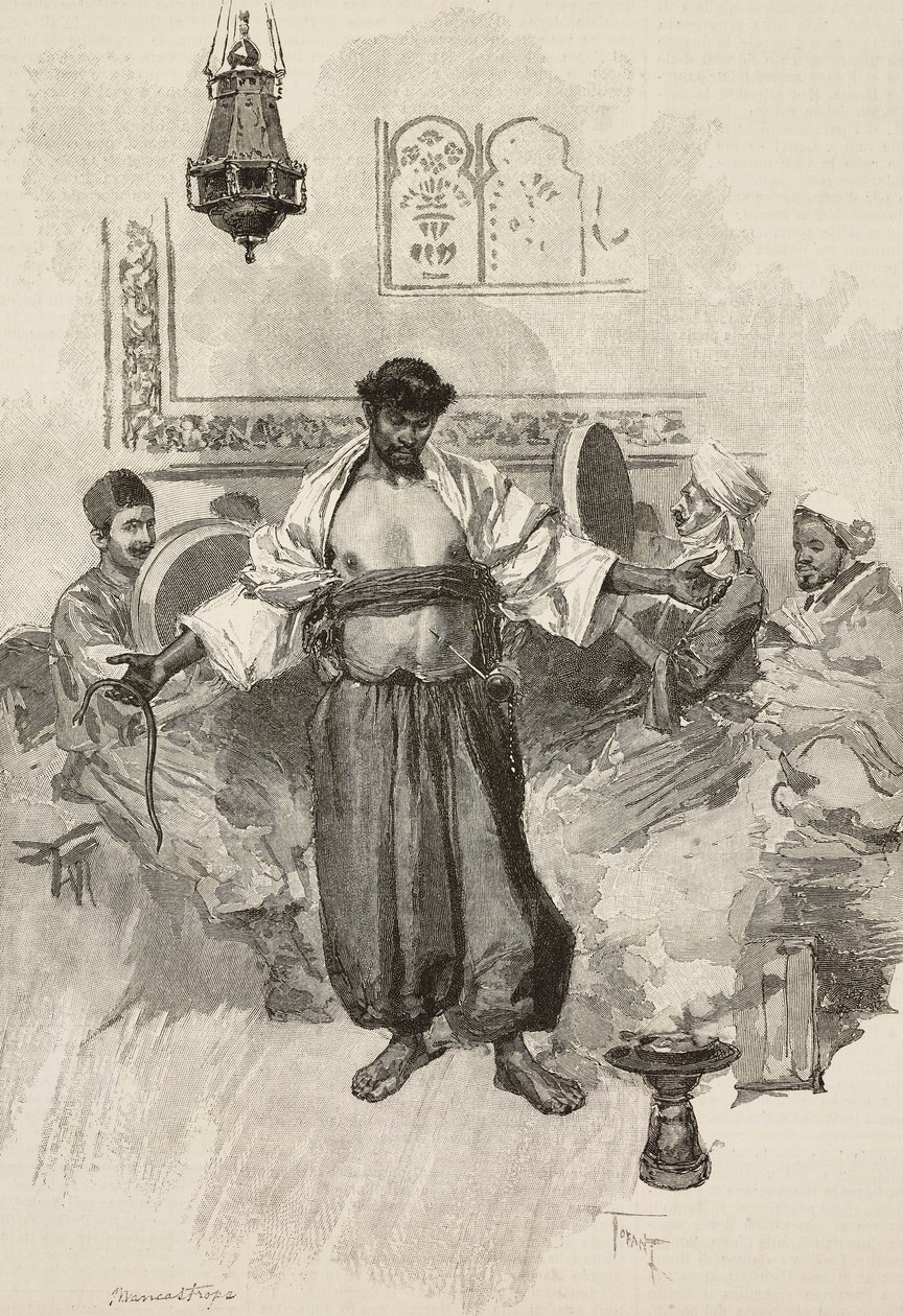 Aissawa-dans, marokkansk religiøst brorskap, ved universell utstilling i 1889, Paris, Frankrike, gravering av E Mancastroppa fra tegning av Osvaldo Tofani fra L'Illustrazione Italiana, år 16, nr. 45, 10. november av Oswaldo Tofani