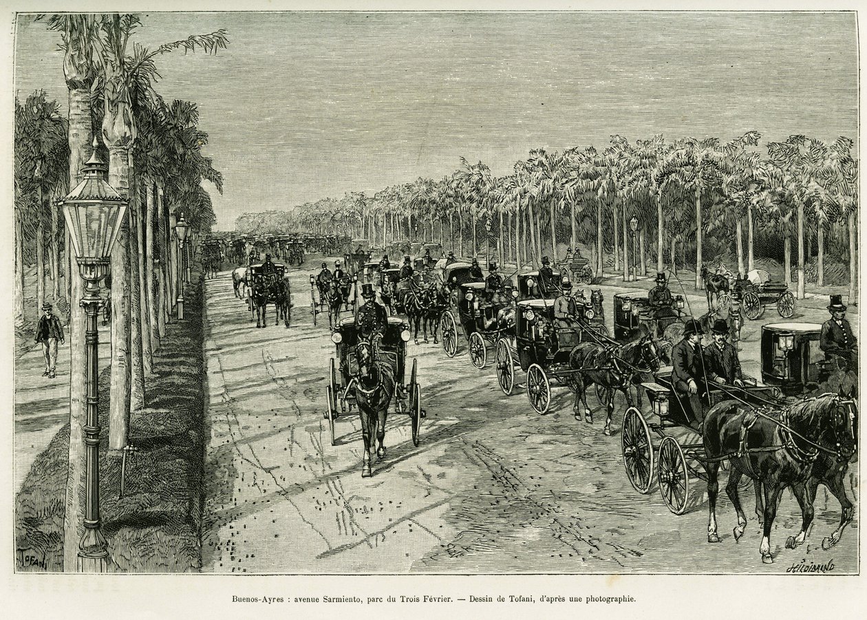 Buenos Aires, Sarmiento Avenue, Three February Park. Gravering av Tofani, for å illustrere historien Voyage a la Plata, i 1886, av Emile Daireaux, i le tour du monde 1888, regissert av Edouard Charton (1807-1890), Hachette, Paris. av Oswaldo Tofani