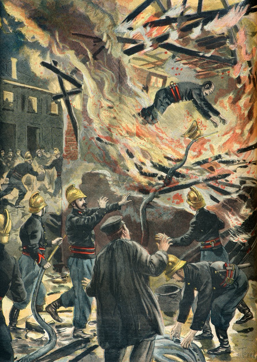 Brannmannen Bailly dør under en møllebrann i Bourges i 1898 (gravering) av Oswaldo Tofani