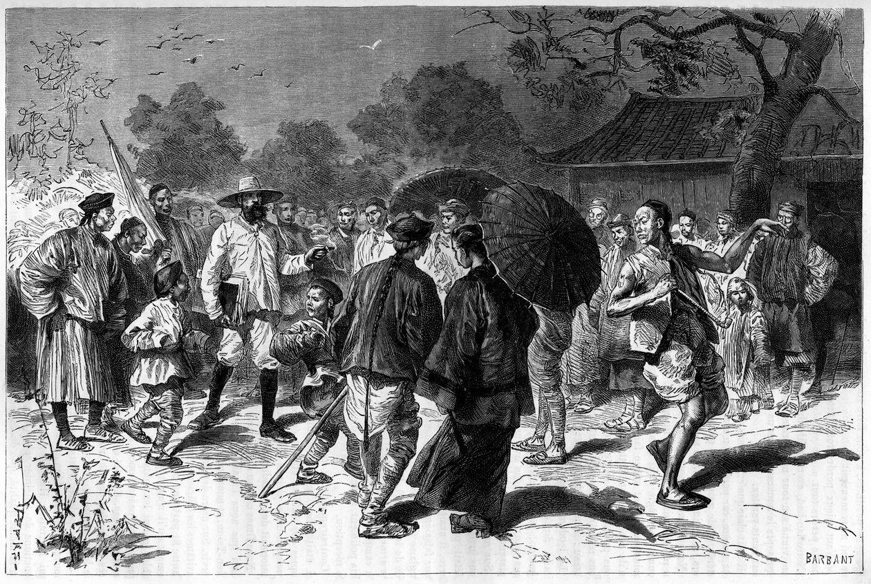 Dr. Piassetzky reiser til Kina, alltid i følge med kinesere. Gravering etter en tegning av Tofani, i "" Le Tour du Monde, Nouveau journal des Voyages", redigert av Edouard Charton, Paris av Oswaldo Tofani
