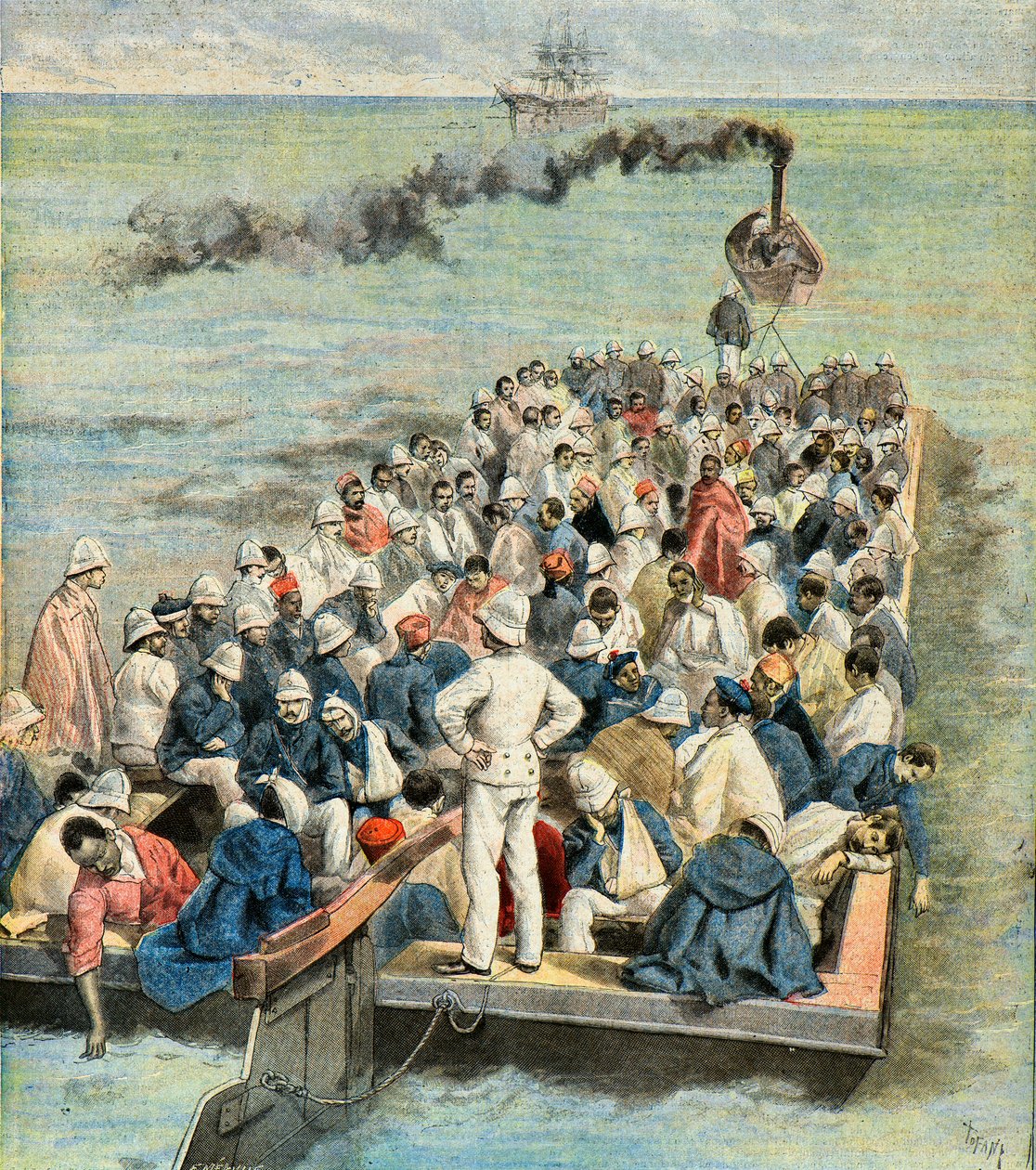 Innskipning på skipets sykehus for de sårede fra Madagaskar-ekspedisjonen i 1896 (gravering) av Oswaldo Tofani