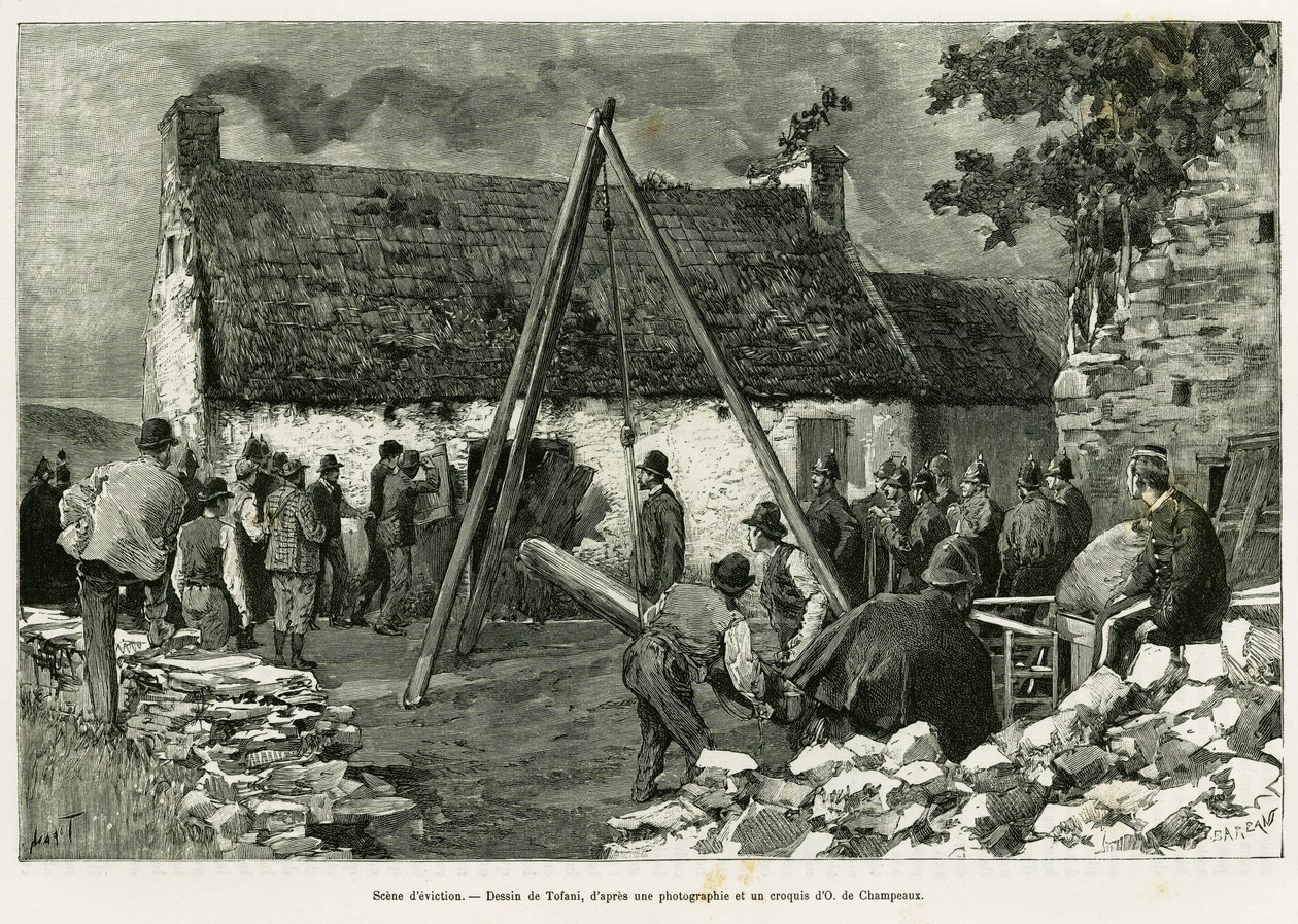 Utkastelsesscene. Gravering av Tofani, for å illustrere historien Three months in Ireland, i 1889, av Marie Anne de Bovet, i le tour du monde 1890, regissert av Edouard Charton (1807-1890), Hachette, Paris. av Oswaldo Tofani