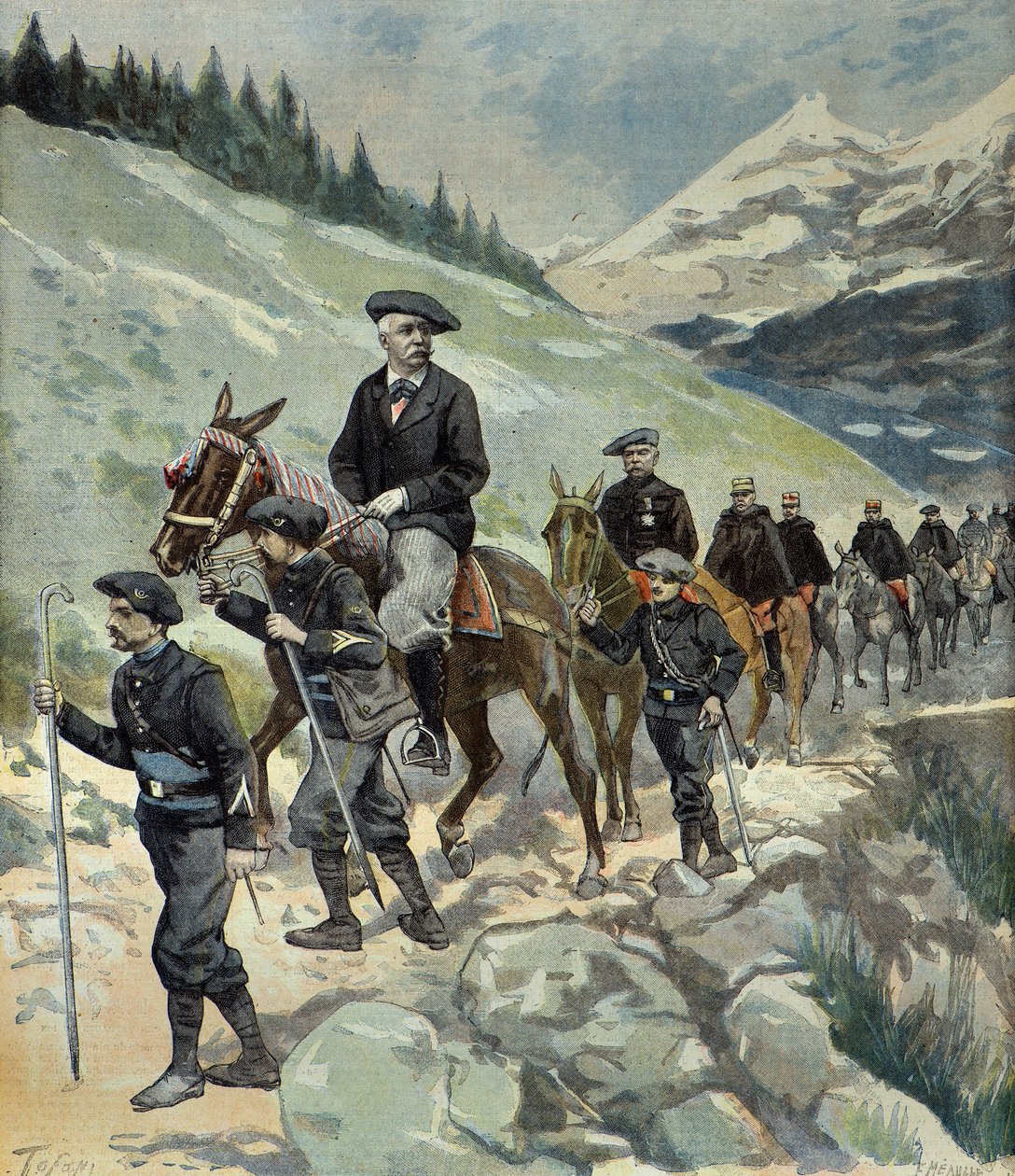 Felix Faure med alpejegere på tur til Alpene i 1897 (gravering) av Oswaldo Tofani