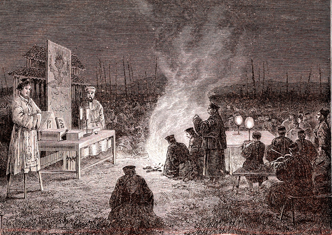 Begravelsesseremoni i Sou-Tcheou, Kina. 1874 (gravering) av Oswaldo Tofani