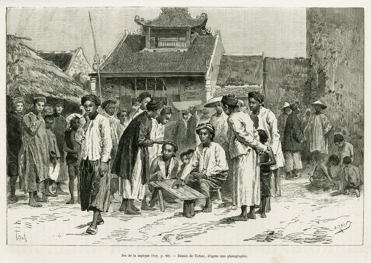 Game of the sapeque. Gravering av Tofani, for å illustrere historien Trente mois au Tonkin, i 1884, av Dr Paul Hocquard, i le tour du monde 1890, under ledelse av Edouard Charton (1807-1890), Hachette, Paris. av Oswaldo Tofani