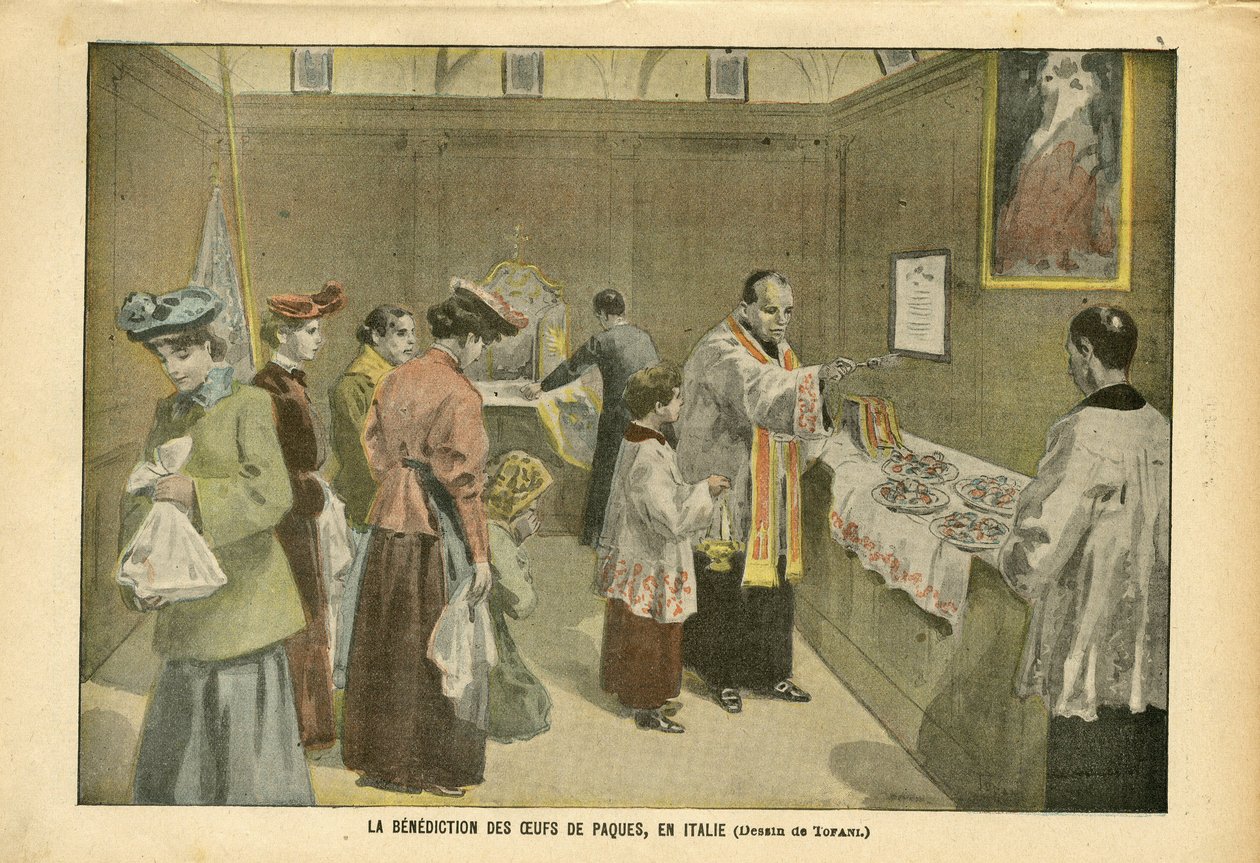Illustrasjon av Oswaldo Tofani (1849-1915) i Le Pelerin, 03/04/04 - The Benediction of Easter Eggs in Italy - Italia, Religion Tro, påske, katolsk katolisisme - Egg av Oswaldo Tofani
