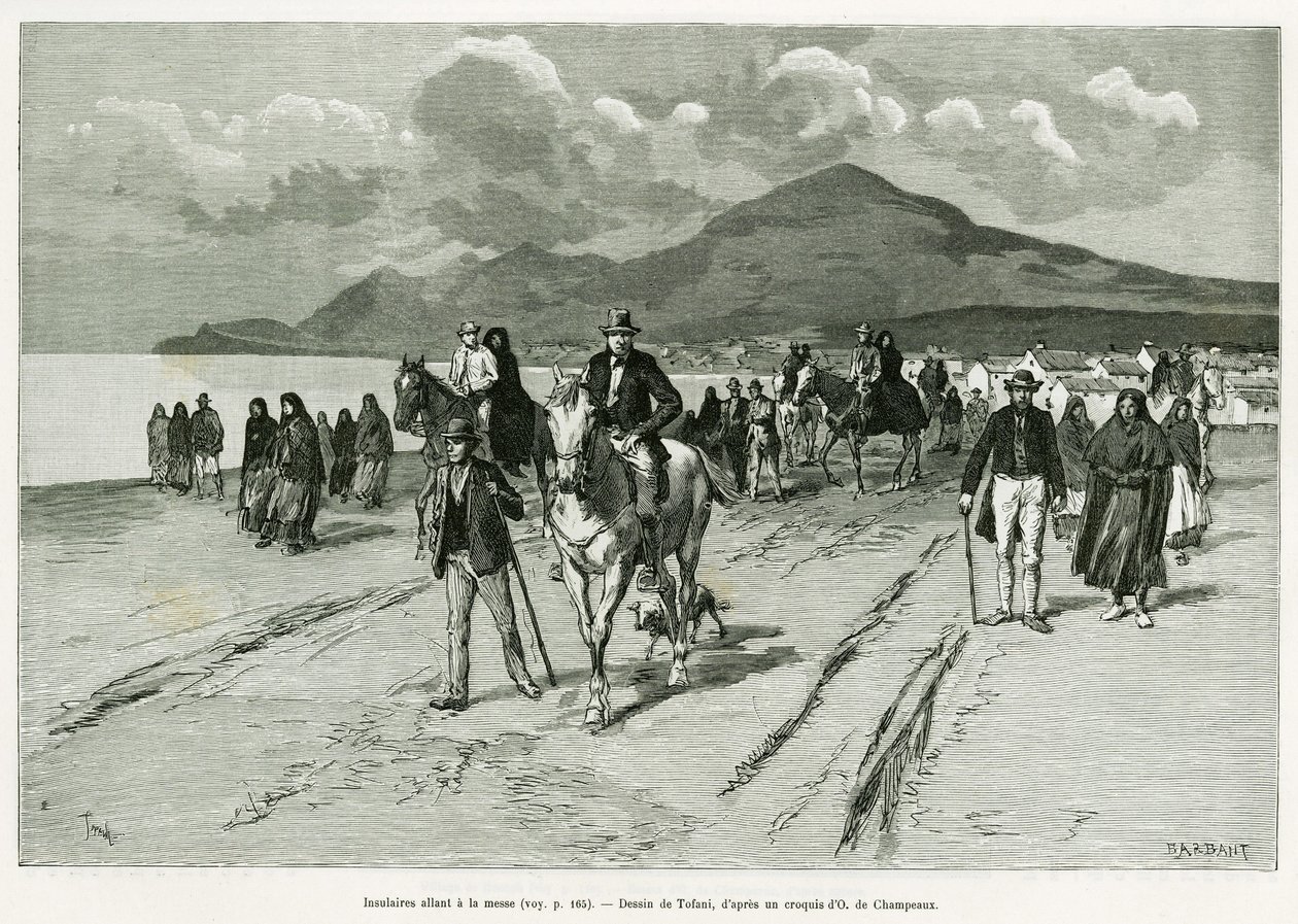 Øyboere skal til messe. Gravering av Tofani, for å illustrere historien Trois mois en Irlande, i 1889, av Marie anne de Bovet, i le tour du monde 1890, regissert av Edouard Charton (1807-1890), Hachette, Paris. av Oswaldo Tofani