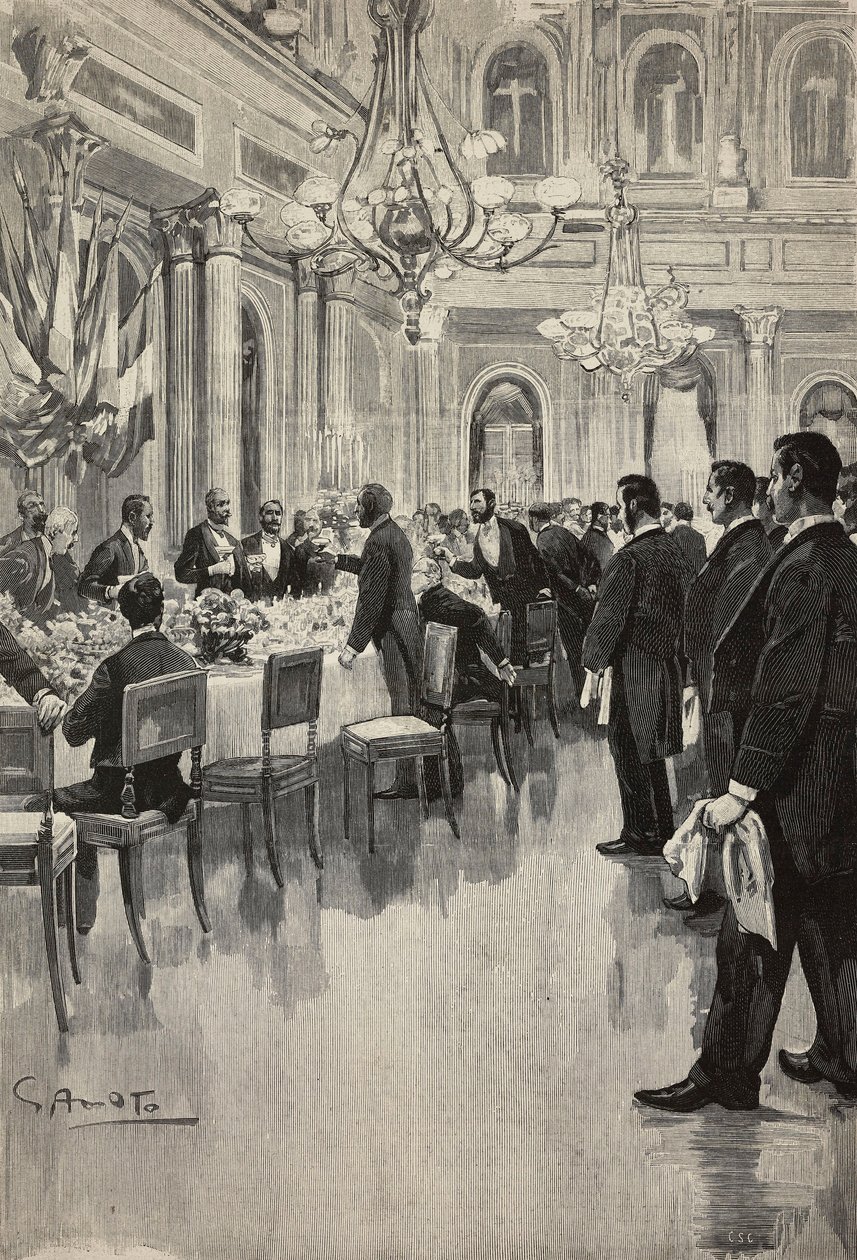 Italienske diplomater skåler sammen, Paris, Frankrike, gravering fra tegning av Gennaro Amato, fra skisse av Osvaldo Tofani, fra L'Illustrazione Italiana, år 19, nr. 50, 11. desember av Oswaldo Tofani