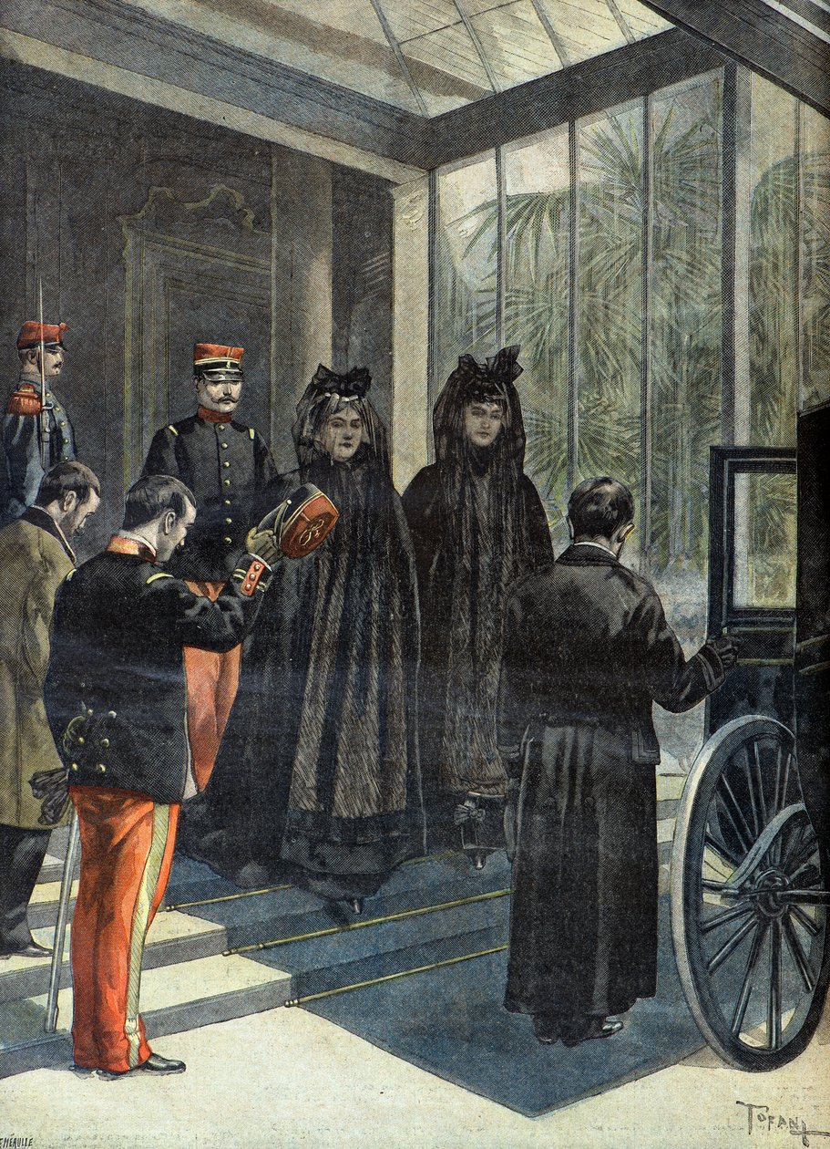 Madame Felix Faure forlater Élysée-hallen etter republikkens presidents død i 1899 (gravering) av Oswaldo Tofani
