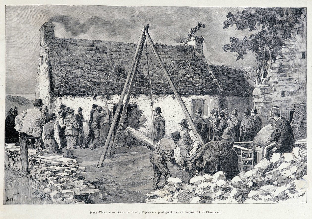 Menn løper gjennom en dør ved hjelp av et magetre for å bortvise beboeren fra boligen. Tegning av Tofani fra en skisse av O. de Champeaux (1800-tallet). av Oswaldo Tofani
