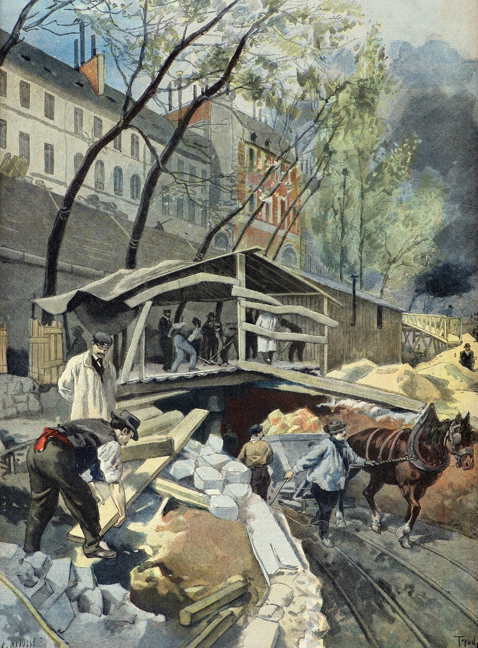 Metropolitain arbeider i Paris i 1899 (gravering) av Oswaldo Tofani