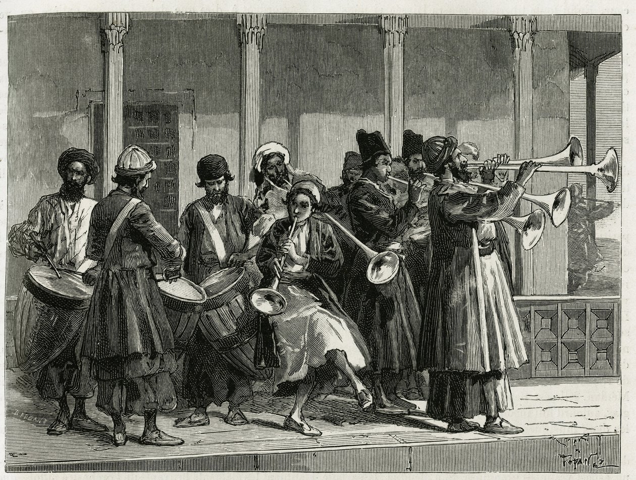 Musikere som hilser soloppgangen i Isfahan (eller Isfahan, Iran by). Gravering av Tofani, for å illustrere historien "" Persia, Chaldee og Susiane"" av Oswaldo Tofani