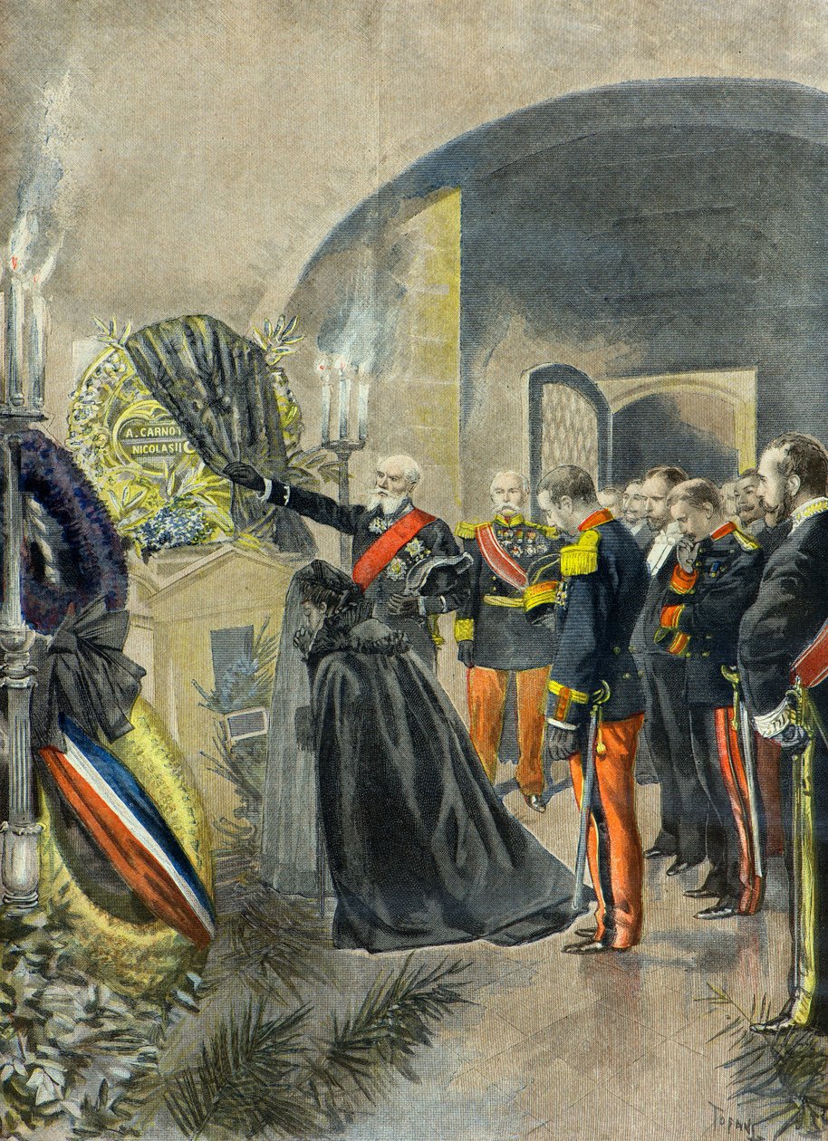 Nicolas 2 legger en krans på graven til Sadi Carnot i Pantheon, Paris 1896 (gravering) av Oswaldo Tofani