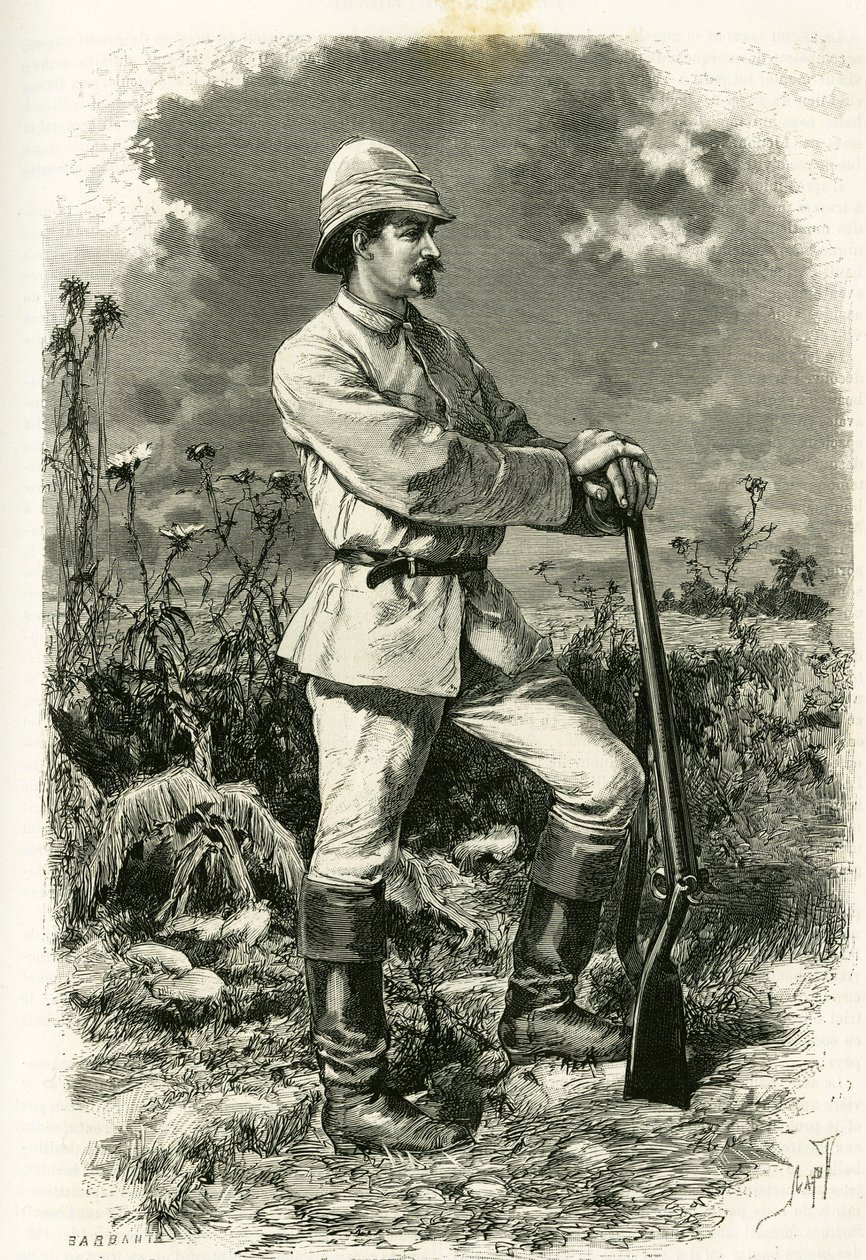 Portrett av Dr. Emile Holub, i en utforskningsdrakt, gravert av Tofani, for å illustrere historien «Au pays des Marutses», i 1875-1879, av Dr. Emile Holub (1847-1902). Publisert i Tour du monde, 2. semester 1883, redigert av Edouard Charton (1807-1890) av Oswaldo Tofani