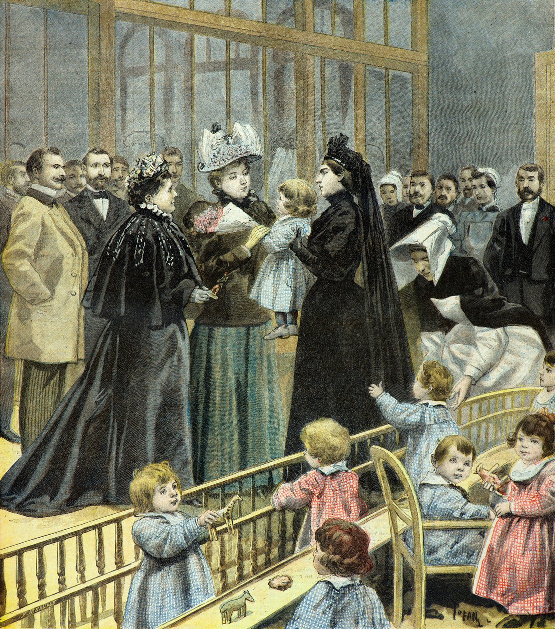 President Felix Faures kone besøker barna på Fourcade-barnehagen i Paris i 1896 (gravering) av Oswaldo Tofani