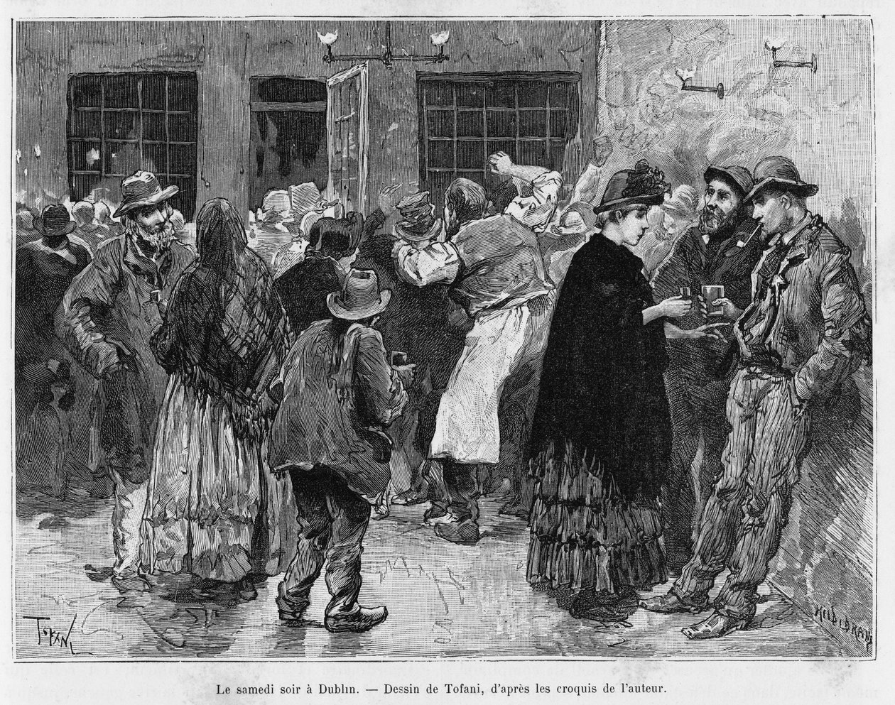 Lørdag kveld i Dublin. Gravering av Tofani, for å illustrere historien Three months in Ireland, i 1889, av Marie Anne de Bovet, i le tour du monde 1890, regissert av Edouard Charton (1807-1890), Hachette, Paris. av Oswaldo Tofani