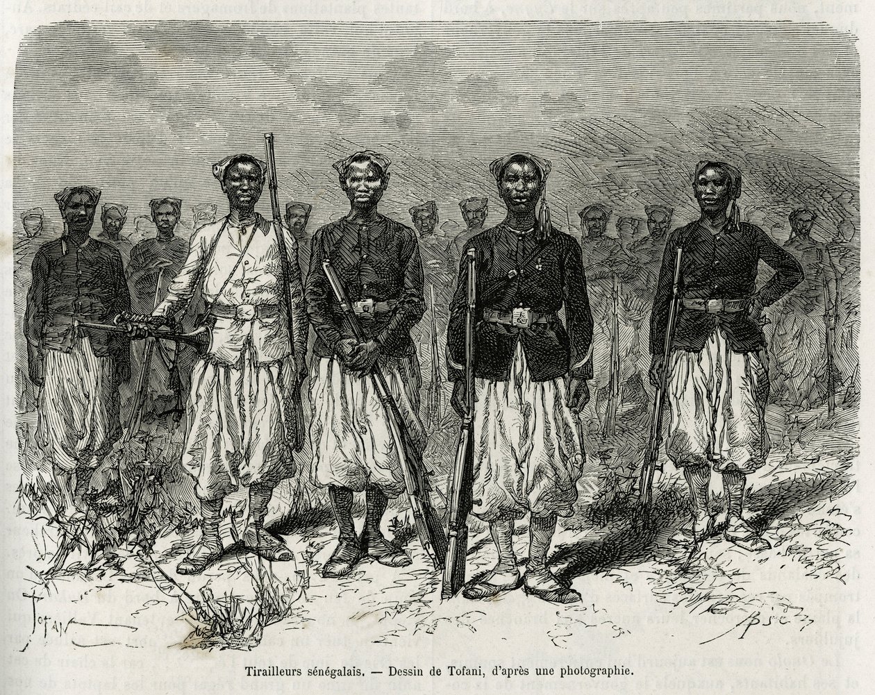 Senegalesiske ryttere av ekspedisjonen eskorte. Gravering av Tofani, for å illustrere historien om Exploration in Haut Niger, av kommandør Gallieni, av Marine Infantry, i 1880-1881, publisert i Tour du monde, under ledelse av Edouard Charton (1807) av Oswaldo Tofani
