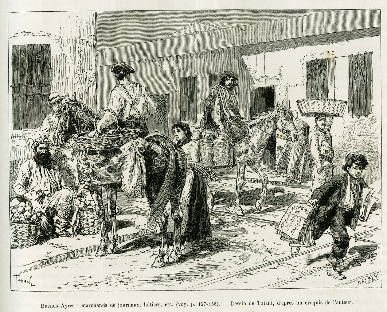 Små bedrifter, avisforhandlere, meieri, fruktselgere osv... i gatene i Buenos Aires (Argentina). Gravering av Tofani for å illustrere historien Voyage a la Plata, tre måneders ferie av Emile Blaireaux i 1886, i tour du monde 1887, unde av Oswaldo Tofani