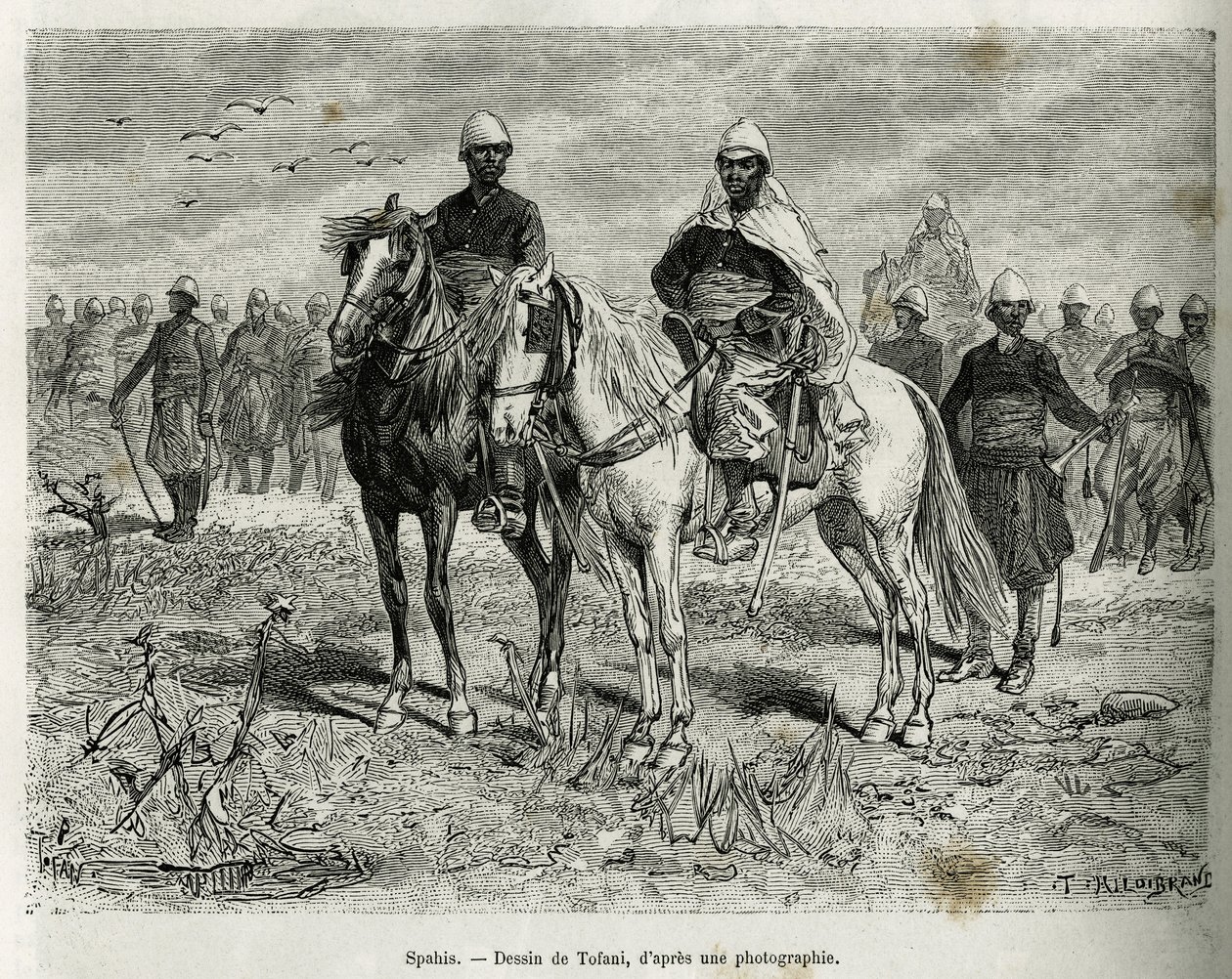 Spahis av ekspedisjonen eskorte. Gravering av Tofani, for å illustrere historien om Exploration in Haut Niger, av kommandør Gallieni, fra Marine Infantry, i 1880-1881, publisert i Tour du monde, under ledelse av Edouard Charton (1807-1890) av Oswaldo Tofani