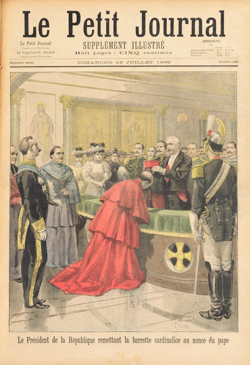 Den apostoliske nuntius som mottar den røde hatten fra presidenten i Den franske republikk, fra Le Petit Journal, 19. juli 1896 av Oswaldo Tofani