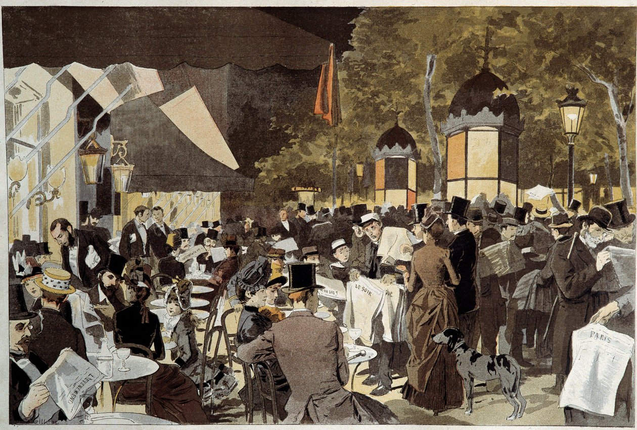 Boulevardene på valgkveldens kaféterrasse. Fra et maleri av Osvaldo Tofani (1849-1915) Ec. Ital. av Oswaldo Tofani