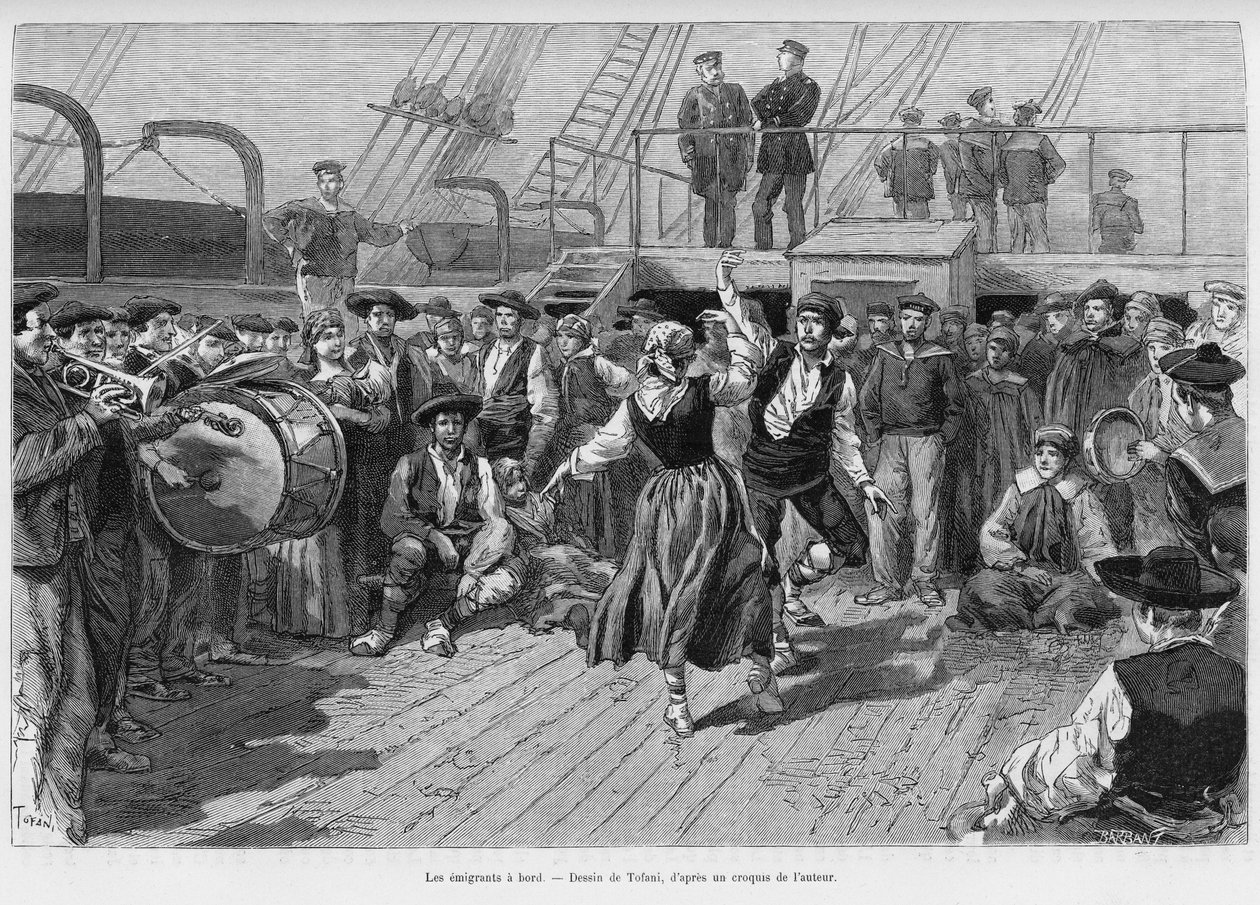 Emigrantene om bord. Gravering av Tofani for å illustrere historien Voyage a la Plata, tre måneders ferie av Emile Blaireaux i 1886, i tour du monde 1887, under ledelse av Edouard Charton (1807-1890), Hachette, Paris. av Oswaldo Tofani