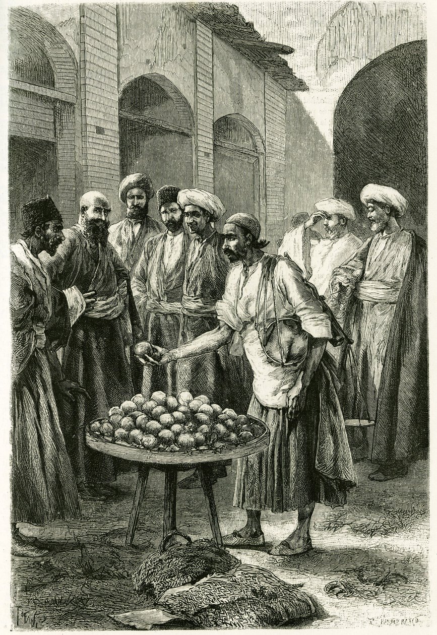 Fiskehandleren i Kachan (eller Kashan, i Teheran-provinsen, dagens Iran). Gravering av Tofani, fra et fotografi, for å illustrere historien "" Persia, Chaldee og Susiane"" i 1881-1882, av Jane Dieulafoy (nee Magre) av Oswaldo Tofani