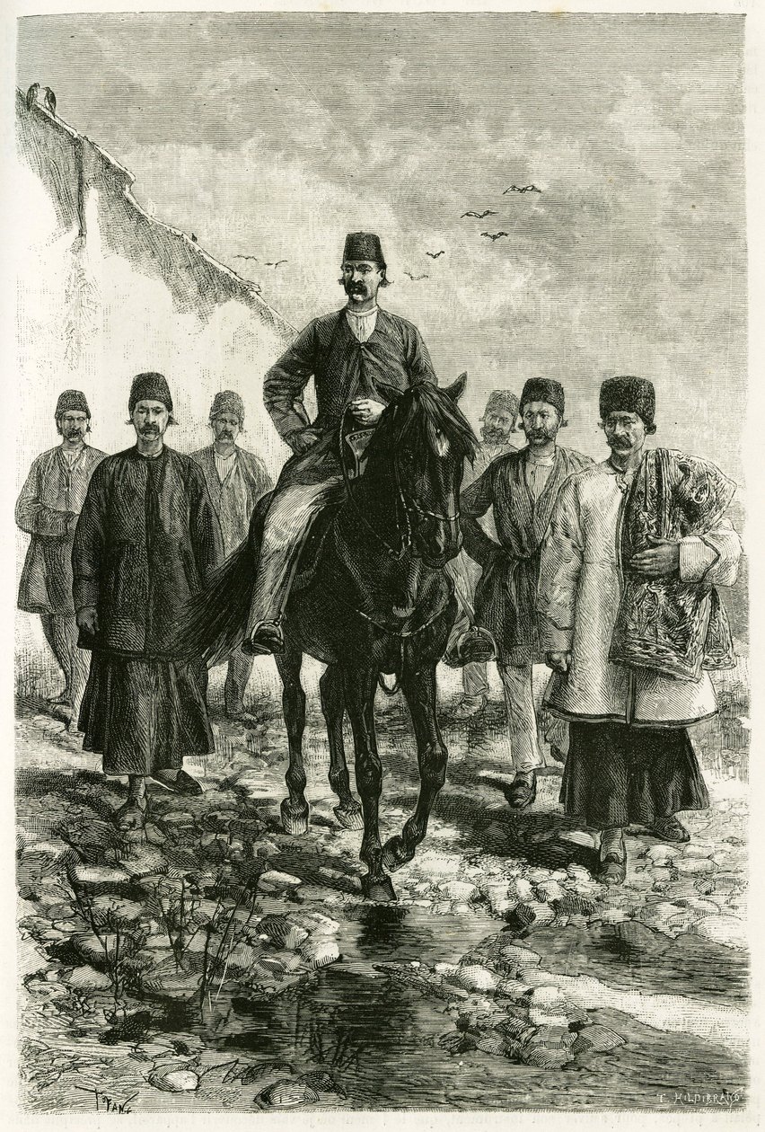 Guvernøren i Kachan (eller Kashan, i Teheran-provinsen, dagens Iran) rir på en svart hest og suiten hans er til fots. Gravering av Tofani, fra et fotografi, for å illustrere historien "" Persia, Chaldee og Susiane"" i 1881-1882, av Jane Dieulafoy (nee Ma av Oswaldo Tofani