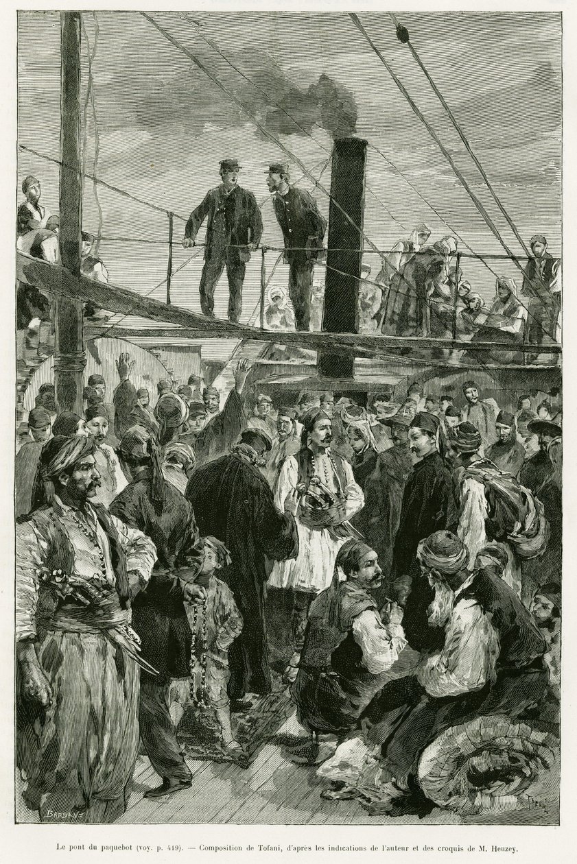 Skipets dekk. Gravering av Tofani for å illustrere historien Voyage en Thessalie i 1882, av Paul Monceaux, i le tour du monde 1887, regissert av Edouard Charton (1807-1890), Hachette, Paris. av Oswaldo Tofani