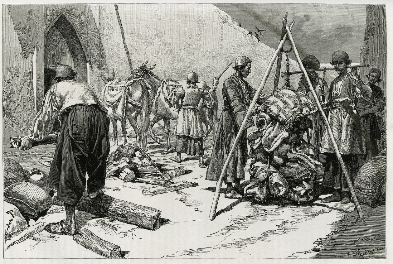 Veiingen av bagasjen før avgang av Delafoy-brudeekspedisjonen. Gravering av Tofani, for å illustrere historien "" Persia, Chaldee og Susiane"" av Oswaldo Tofani