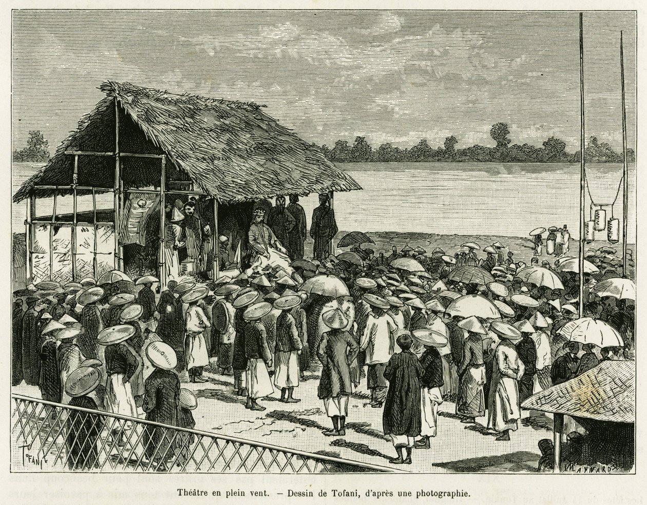 Teater i vinden. Gravering av Tofani, etter et fotografi, for å illustrere historien Trente mois au Tonkin, i 1884, av Dr Paul Hocquard, i le tour du monde 1890, under ledelse av Edouard Charton (1807-1890), Hachette, Paris. av Oswaldo Tofani