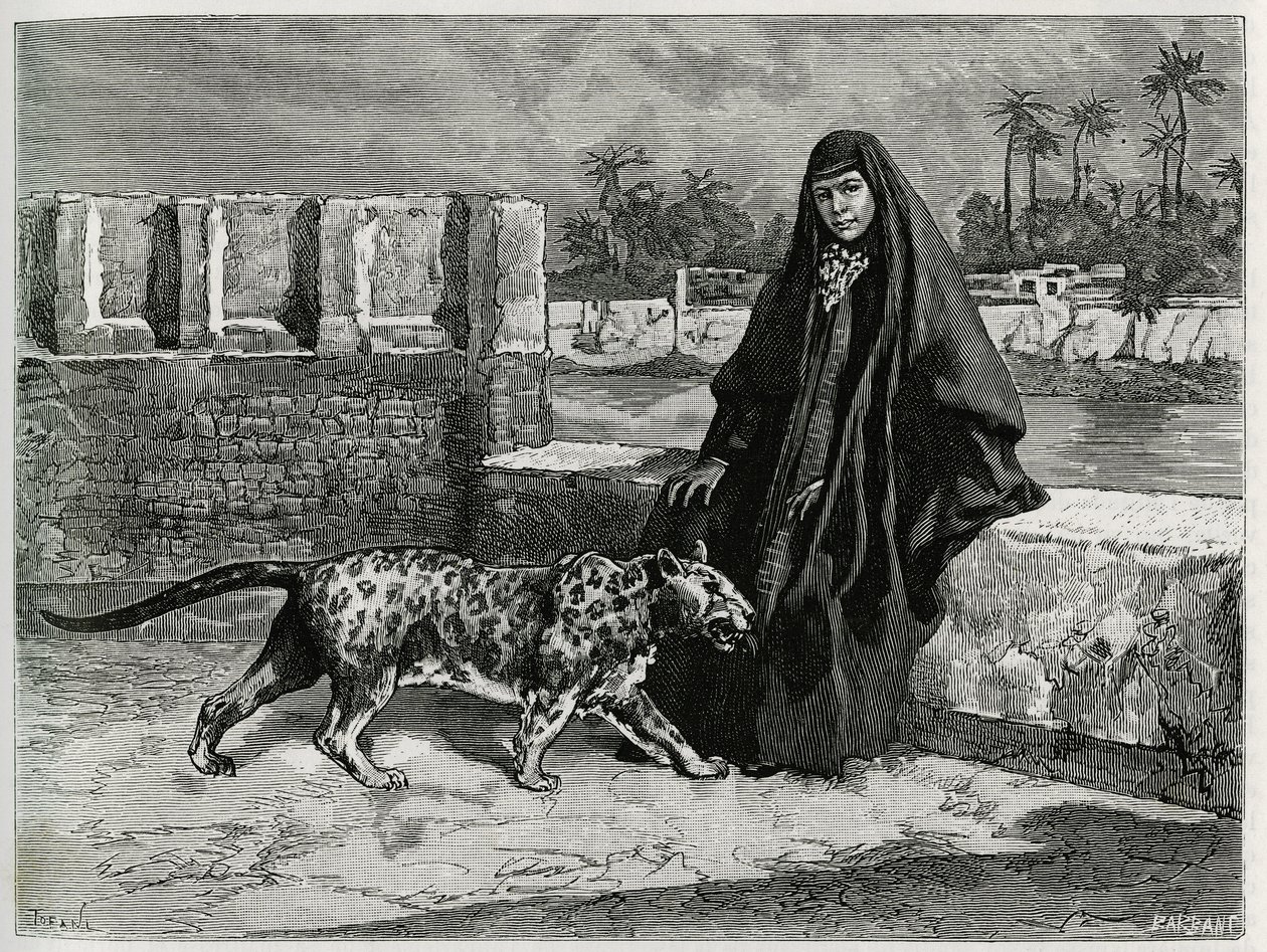 Torkan Khanoum, favoritten til Sheikh Moses, mektig stammeleder i Arabistan med panteren sin. Gravering av Tofani, for å illustrere historien "Persia, Chaldee og Susiane" av Oswaldo Tofani