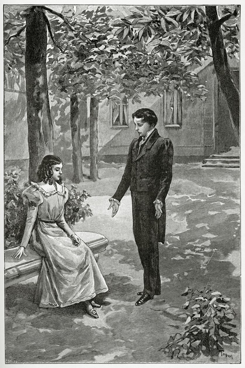 Victor Hugo erklærer sin kjærlighet til Adèle Foucher, 1800-tallet (bw-gravering) av Oswaldo Tofani