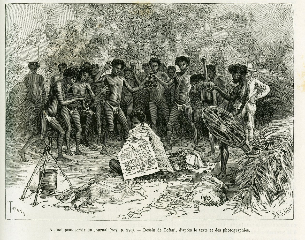 Hva kan en avis brukes til? Gravering av Tofani, for å illustrere historien Chez les cannibales, Journey to North-East Australia av Oswaldo Tofani