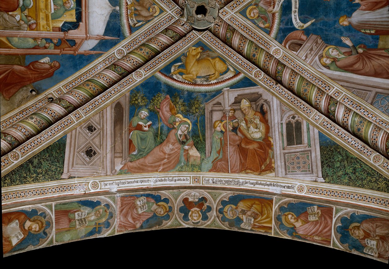 Monique forsterker i søvne fremtiden til sønnen Saint Augustine ved Gud, rett under et møte med en eveque (Fresco av Ottaviano Nelli