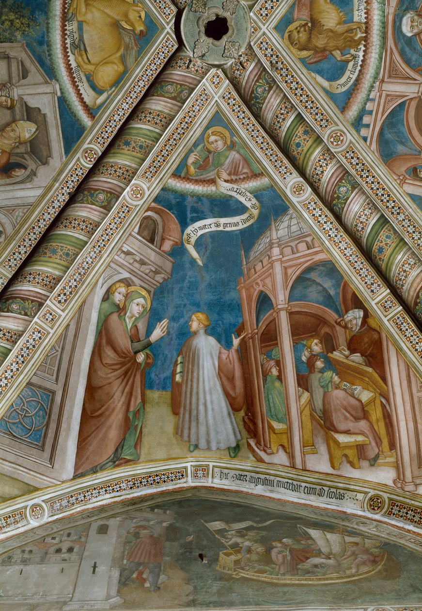 Saint Augustine blir sendt av moren Monique for å studere i Thagaste (Fresco av Ottaviano Nelli