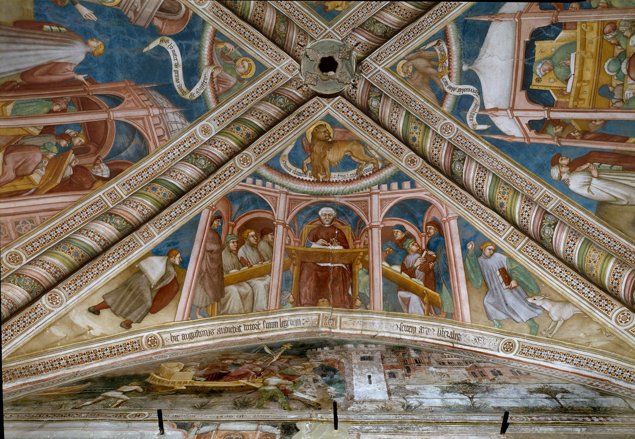 Saint Augustine, som sitter til venstre og lærer de syv liberale kunstene. (Fresco av Ottaviano Nelli