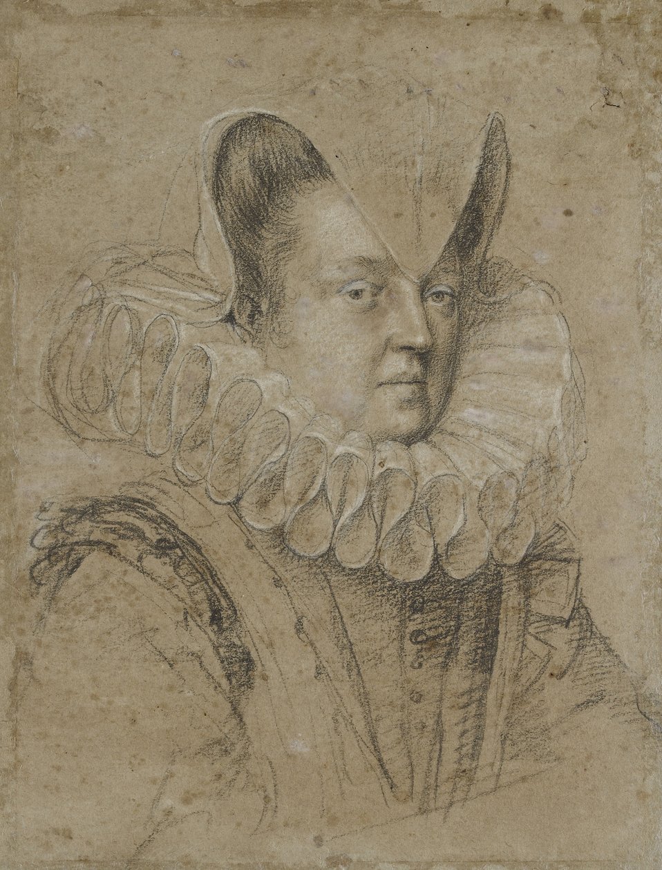 Portrett av Margherita, hertuginne av Ferrara (svart kritt, forhøyet med hvitt, på brungrått papir) av Ottavio Mario Leoni
