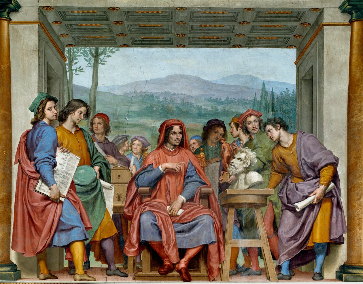 Laurent de Medici (1449-1492) (Laurent den storslåtte: Lorenzo il Magnifico) sitter i midten av florentinske kunstnere. Han beundrer et hode av faunaen til Michelangelo (Michelangelo, Michel Ange). Fresco av Ottavio Vannini (1585-1643). 1635 omtrent Sala av Ottavio Vannini