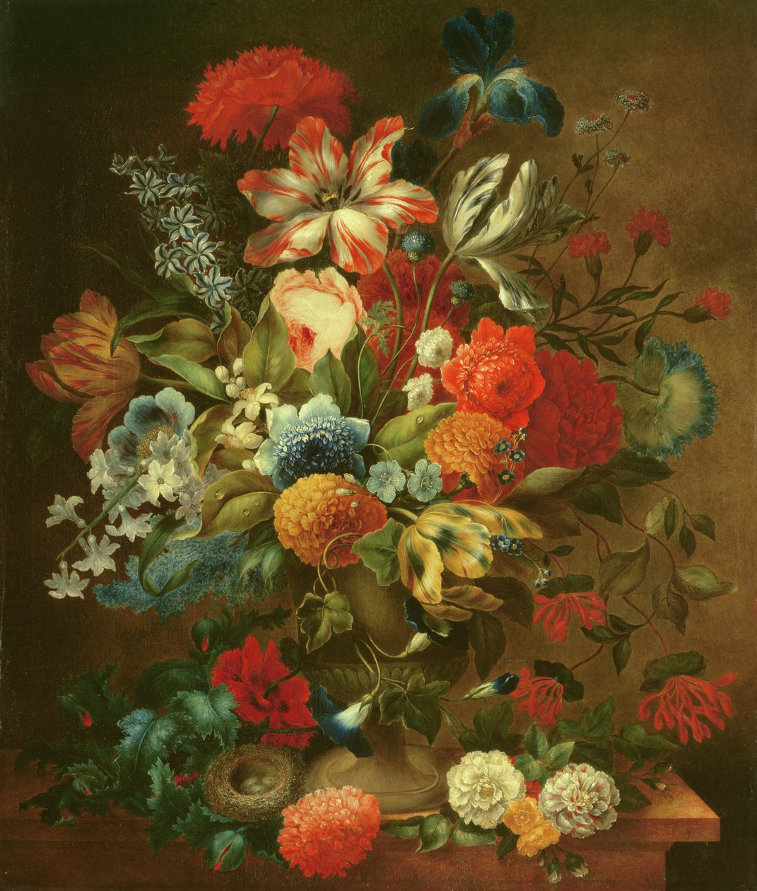 Blomsterstilleben med fuglerede av Ottmar the Elder Elliger