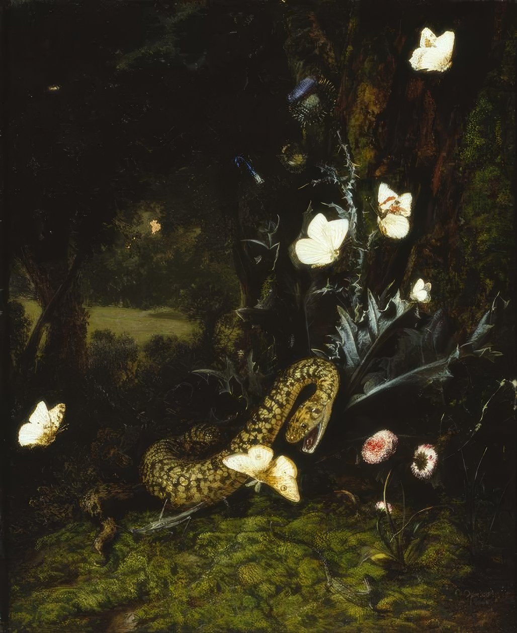 Gresshoppe, slange og sommerfugler nær en tistel av Otto Marseus  van Schrieck
