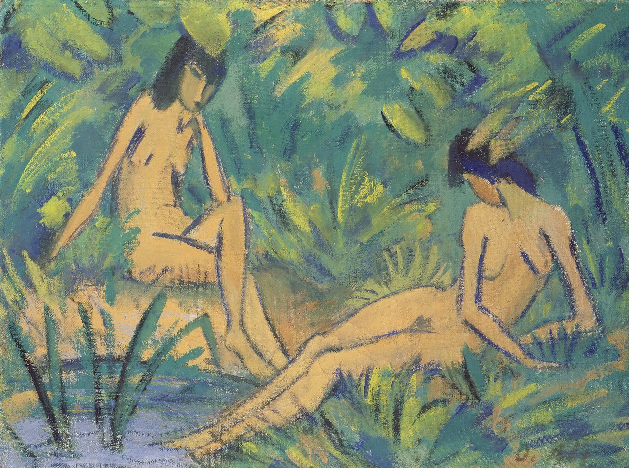 Jenter som sitter ved vannet, ca. 1920 (tempera på hessian) av Otto Mueller
