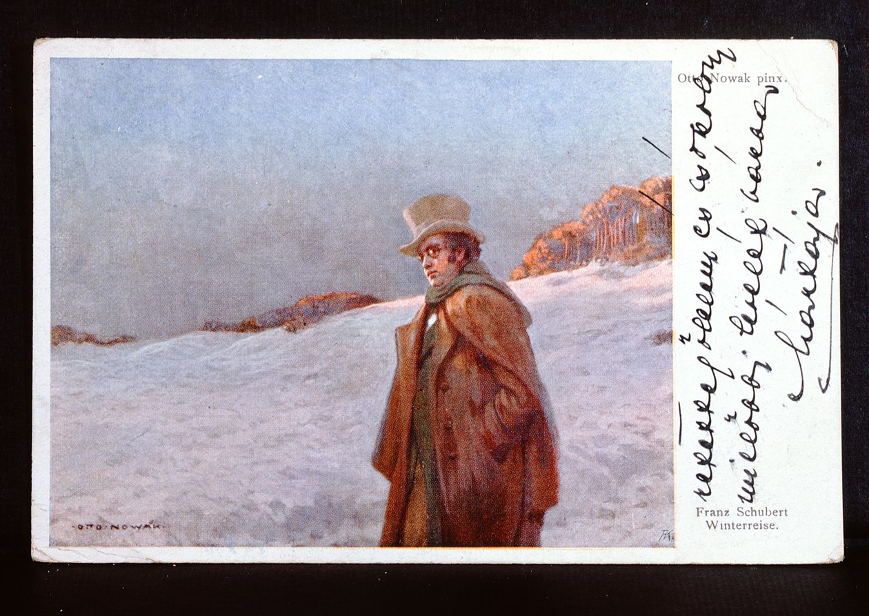 Wienerpostkort som viser Franz Peter Schubert (1797-1828) og illustrerer hans sangsyklus 