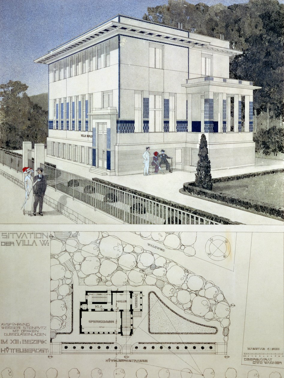 Villa Wagner, Wien, design som viser utsiden av huset, bygget av stål og betong i streng geometrisk stil med dypblå paneler og spikerhodepryd, med under en plan av huset og gr. av Otto Wagner