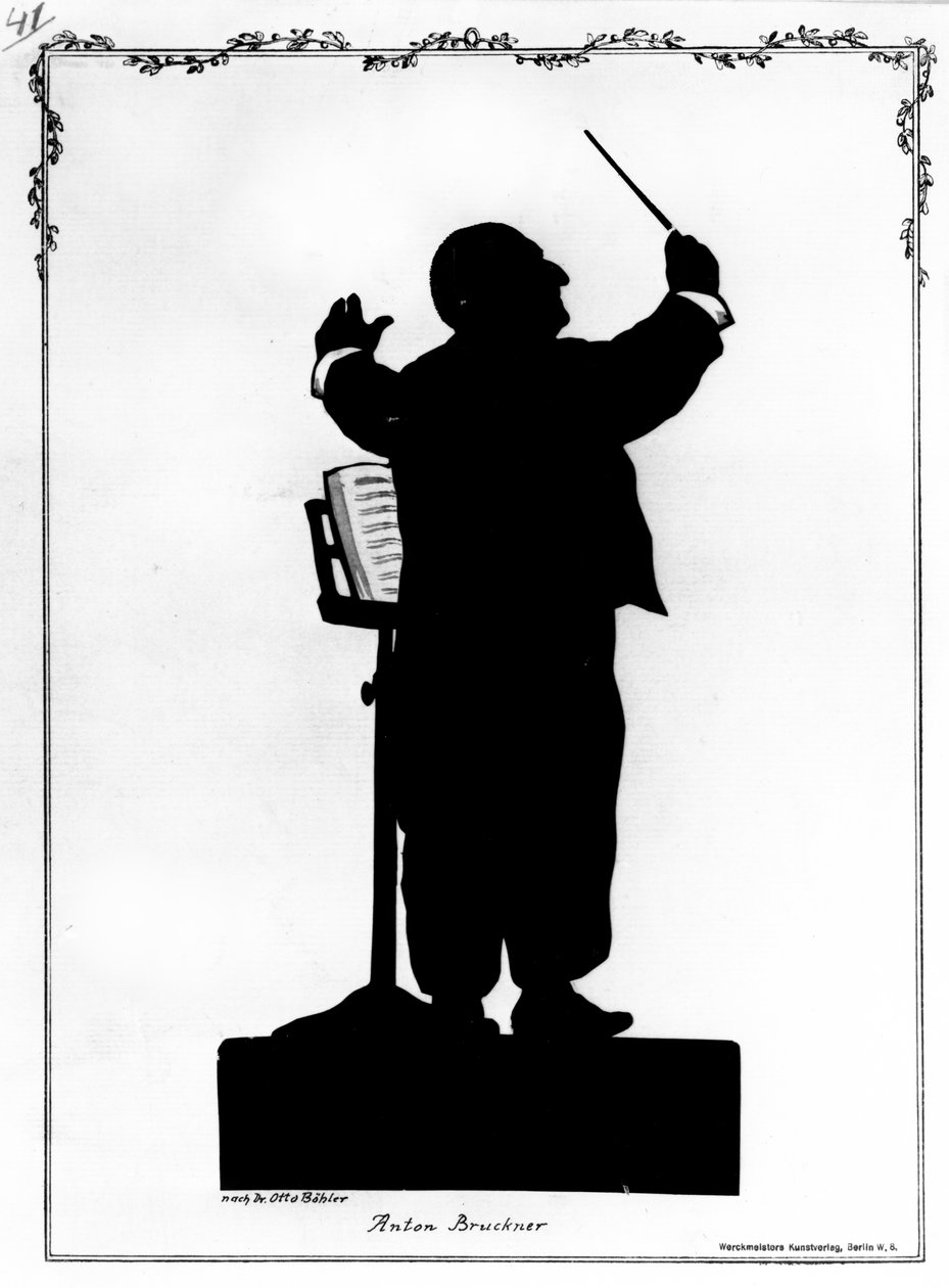 Silhuett av Anton Bruckner (1824-96) østerriksk komponist, dirigering (gravering) (s/hv-foto) av Otto (after) Bohler