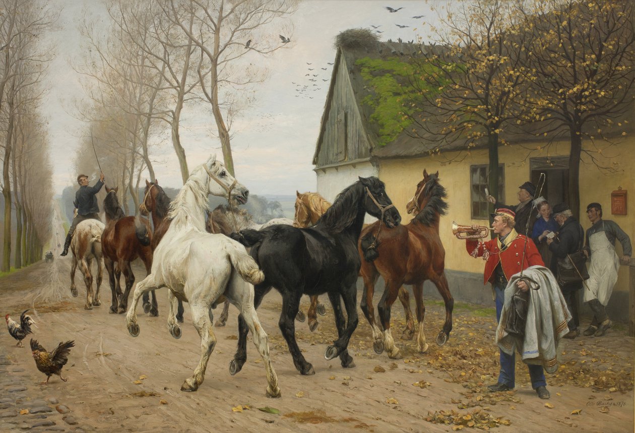 En streng med hester utenfor et vertshus av Otto Bache