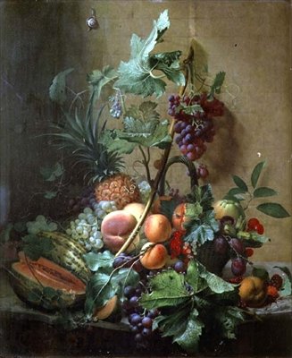 Stilleben av en melon, plommer, fersken av Otto Didrik Ottesen