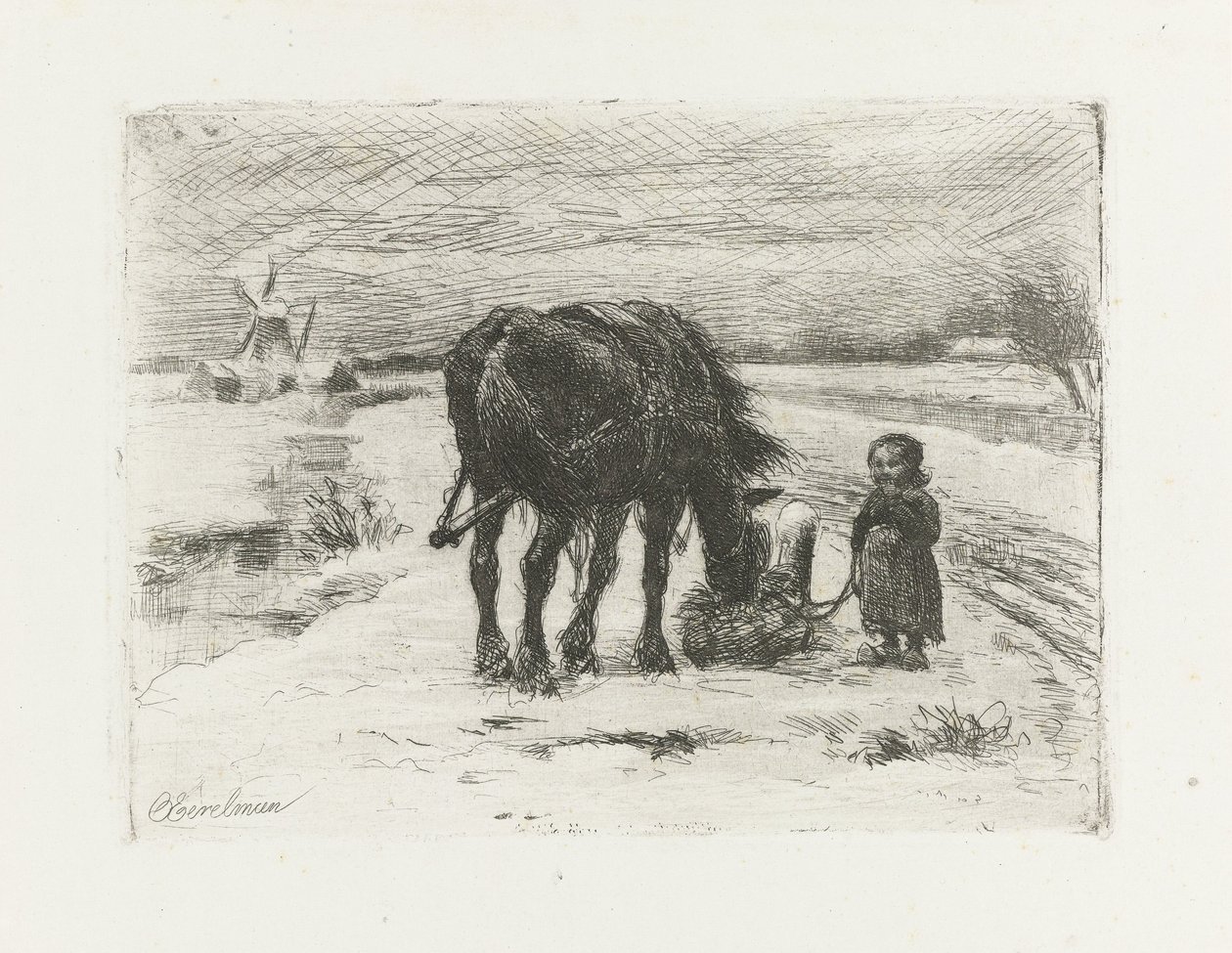 Snølandskap med barn og hest av Otto Eerelman