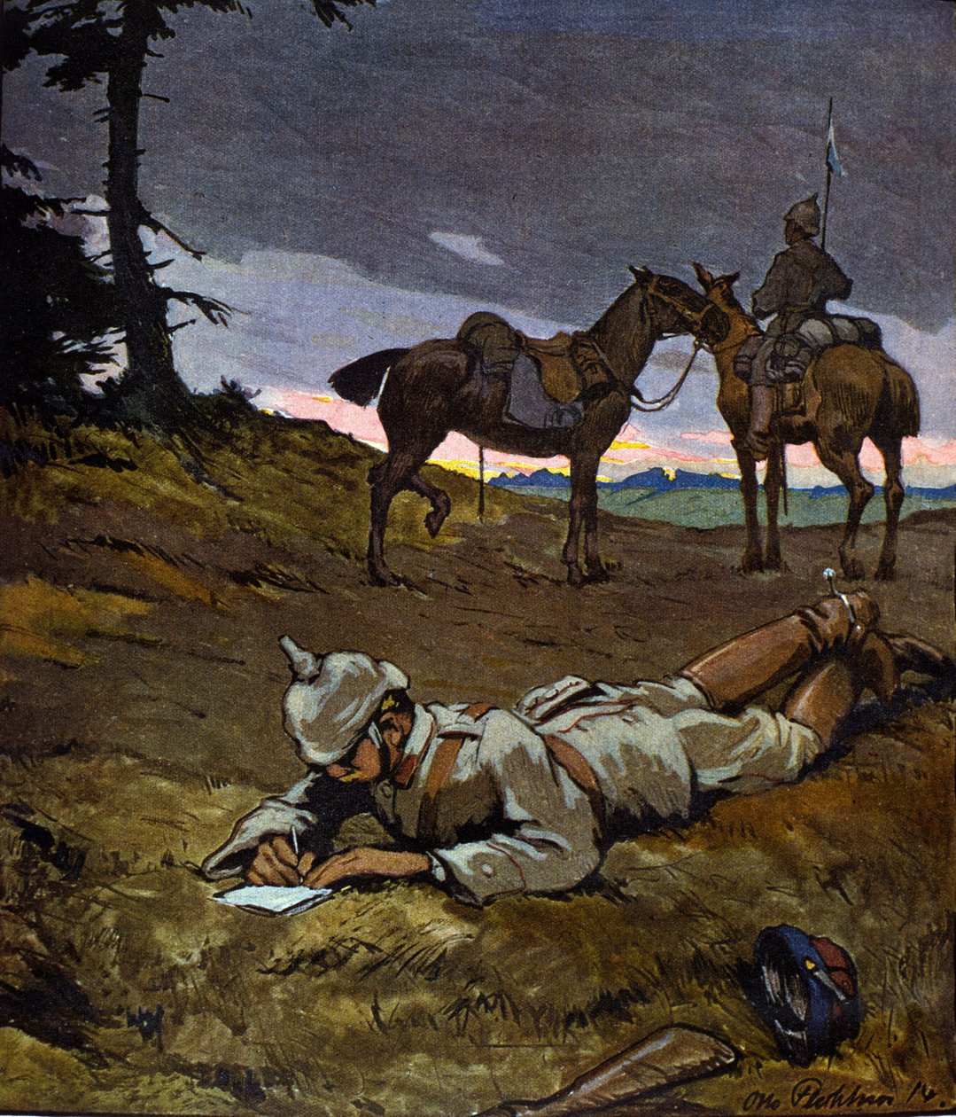 Første verdenskrig (1914-1918): Tyske ryttere i rekognosering i 1914. De har på seg pigghjelmer. Maleri av Otto Flechner for bladet "" Jugend". Det 20. århundre av Otto Flechtner