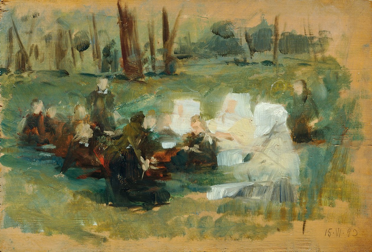 Gruppe barn med tre nonner kledd i hvitt og en prest på en skogseng i solen av Otto Friedrich